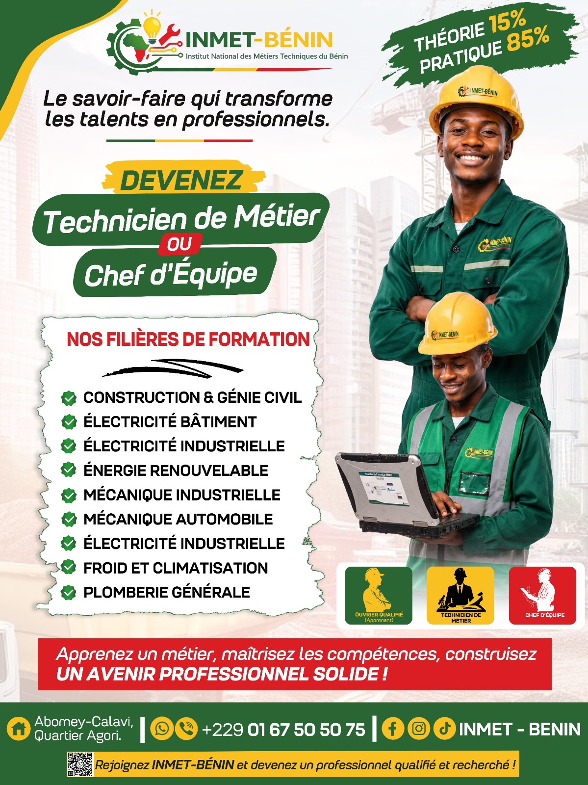 Affiche de lancement INMET-BÉNIN : nos filières de formation, 15% théorie et 85% pratique