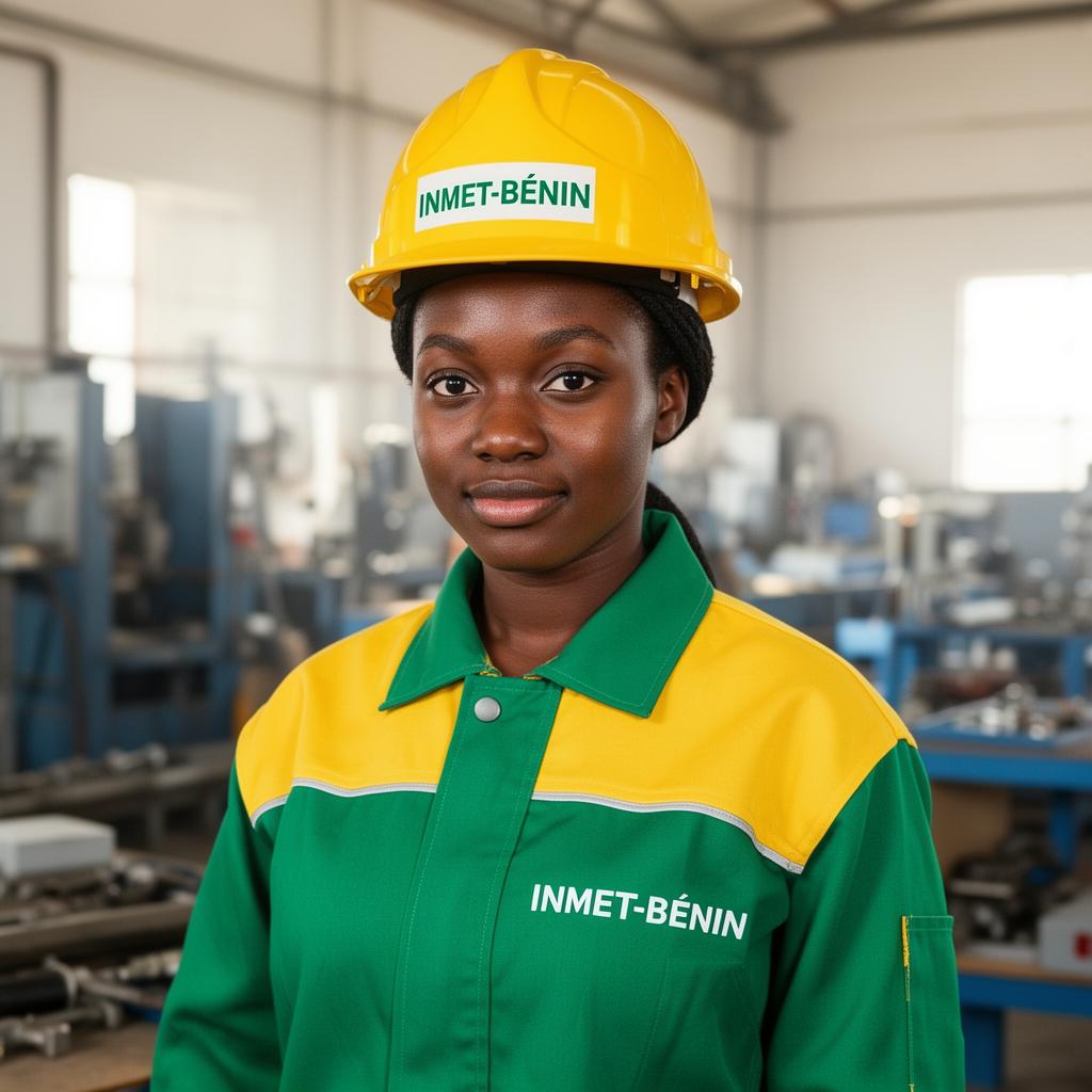 Apprenante INMET-BÉNIN en blouson de travail et casque de sécurité griffés au logo de l'Institut